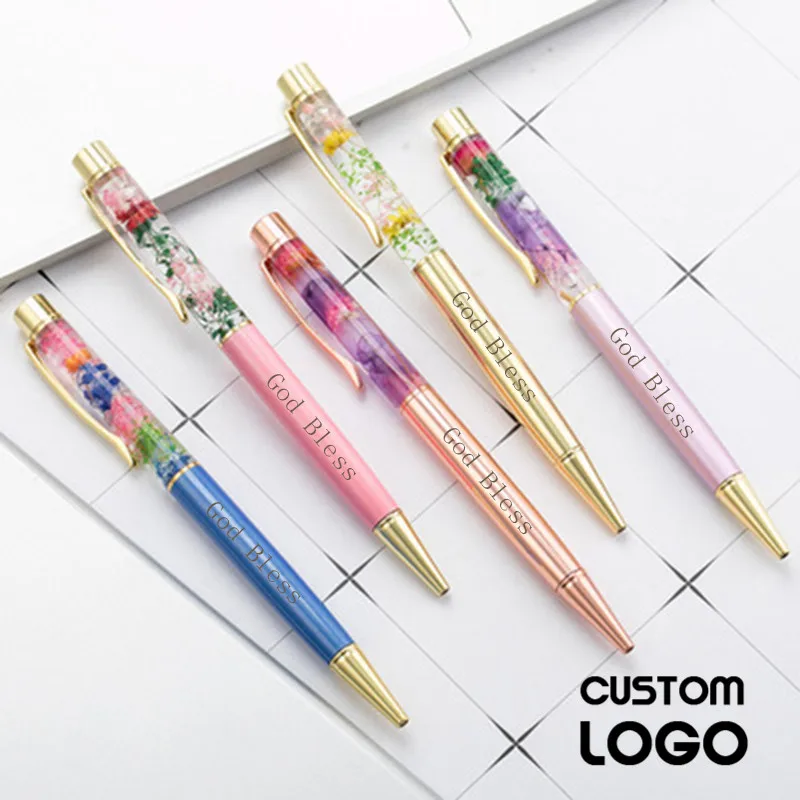 

50pcs Creative Eternal Flower Ballpoint Pen Metal Crystal Ballpoint Pens Student Stationery Office Pen Lettering Custom Logo