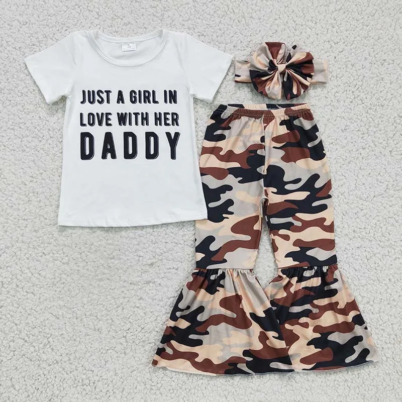 

Spring Children Baby Girls Clothing Set Just A Girl In Love With Her Daddy Kids Camouflage Bells Pants Wholesale Toddler Outfit