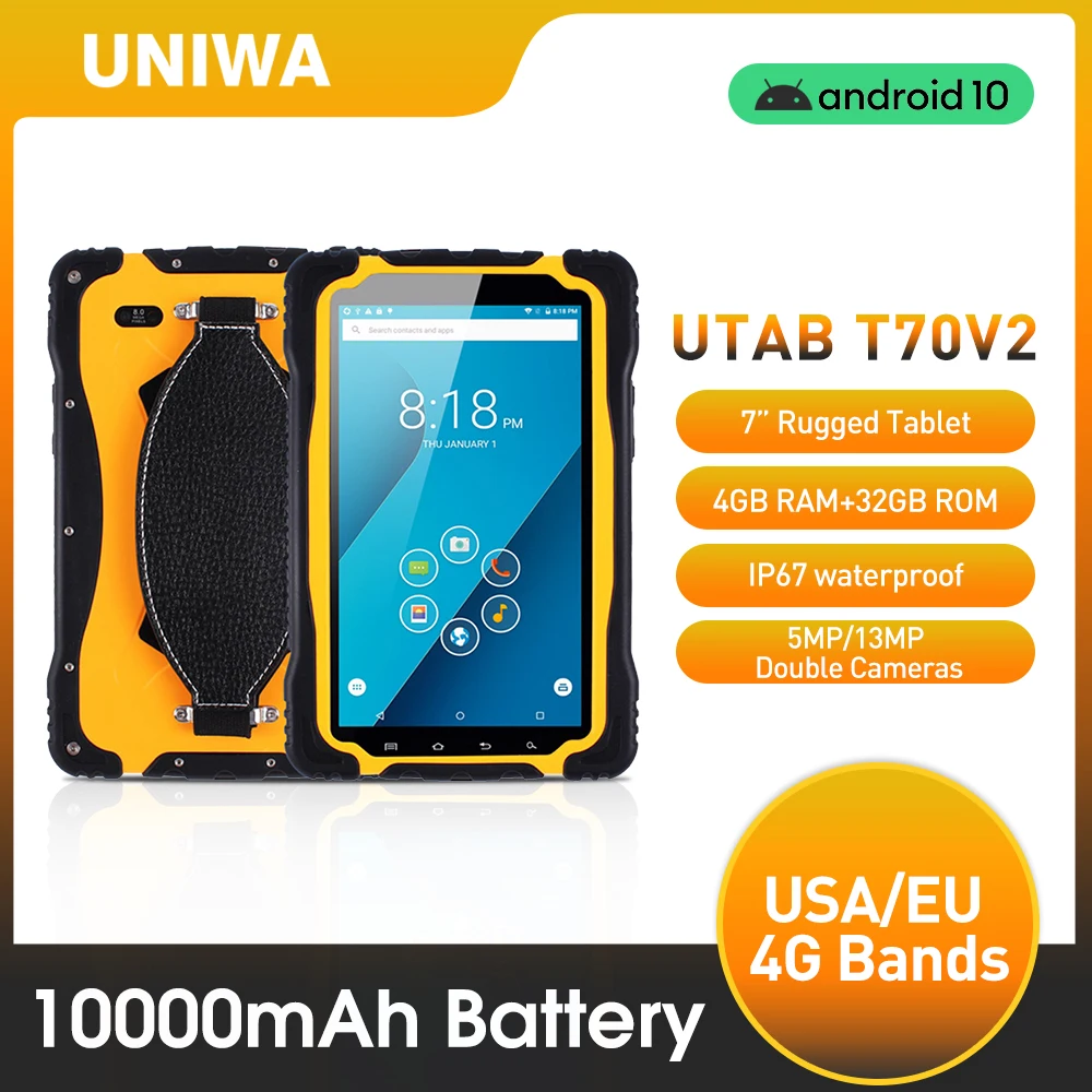 UNIWA UTAB T70V2 IP67 Waterproof Smartphone Tablet 7.0 Inch Android 10.0 13MP Rear Camera 4GB 32GB 10000mAh Battery Cellphone