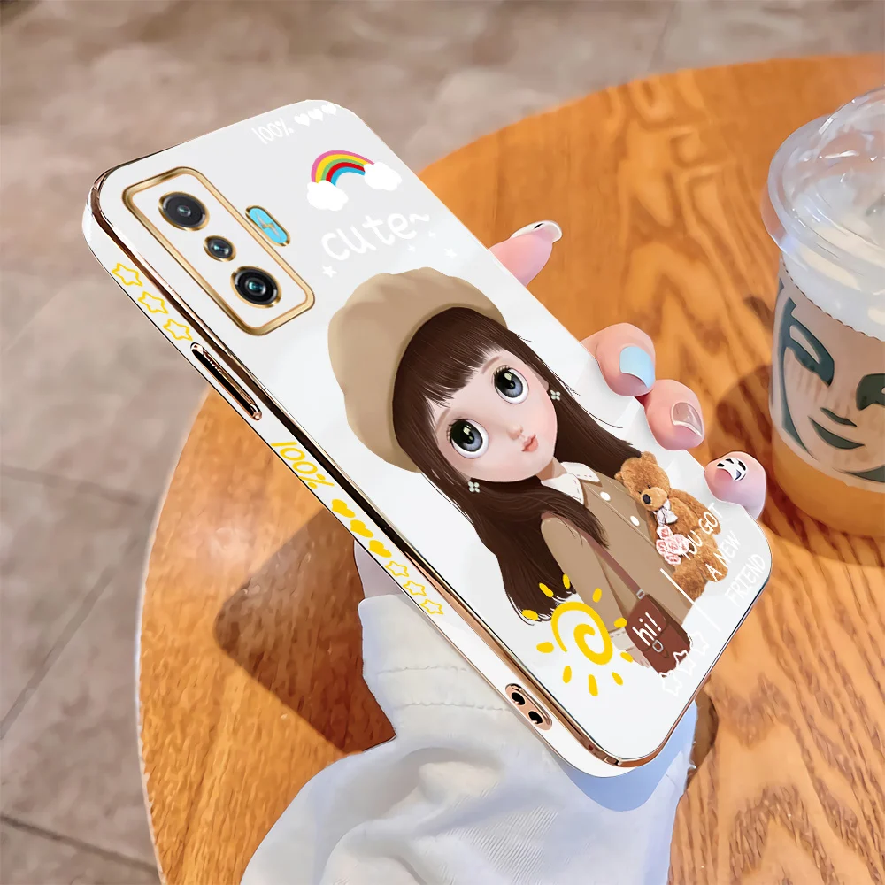 

For Xiaomi Redmi K50 Gaming Poco F4 GT Luxury Square Case Cartoon Girls Plating Soft TPU Cover Shockproof Cases