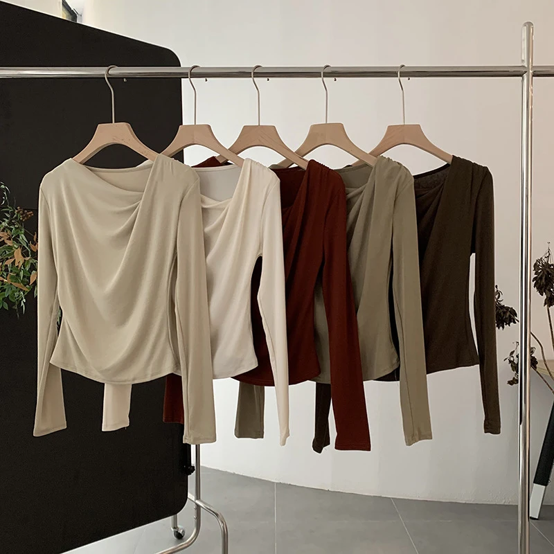 Женская Однотонная футболка с длинным рукавом простая эластичная Приталенная