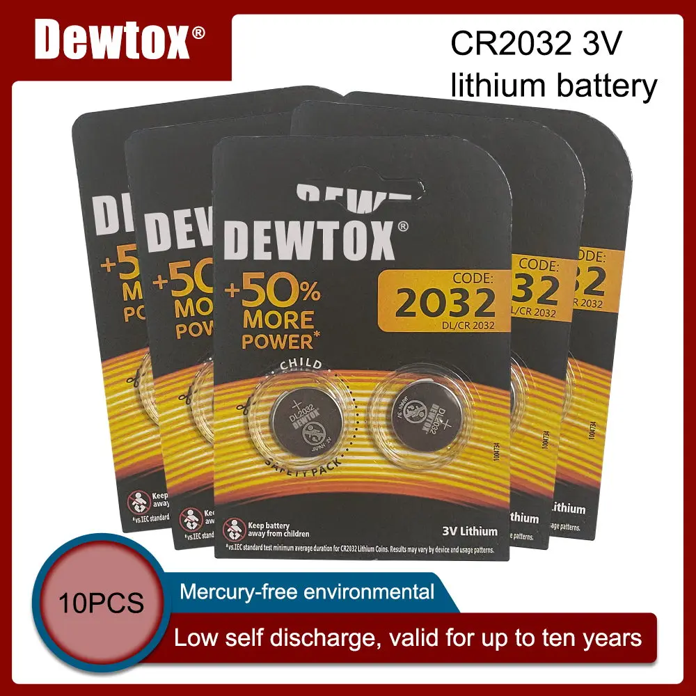 

10PCS Original DEWTOX CR2032 Button Cell Battery 3V Lithium Batteries for Watch Toys Computer Calculator Control DL/CR 2032