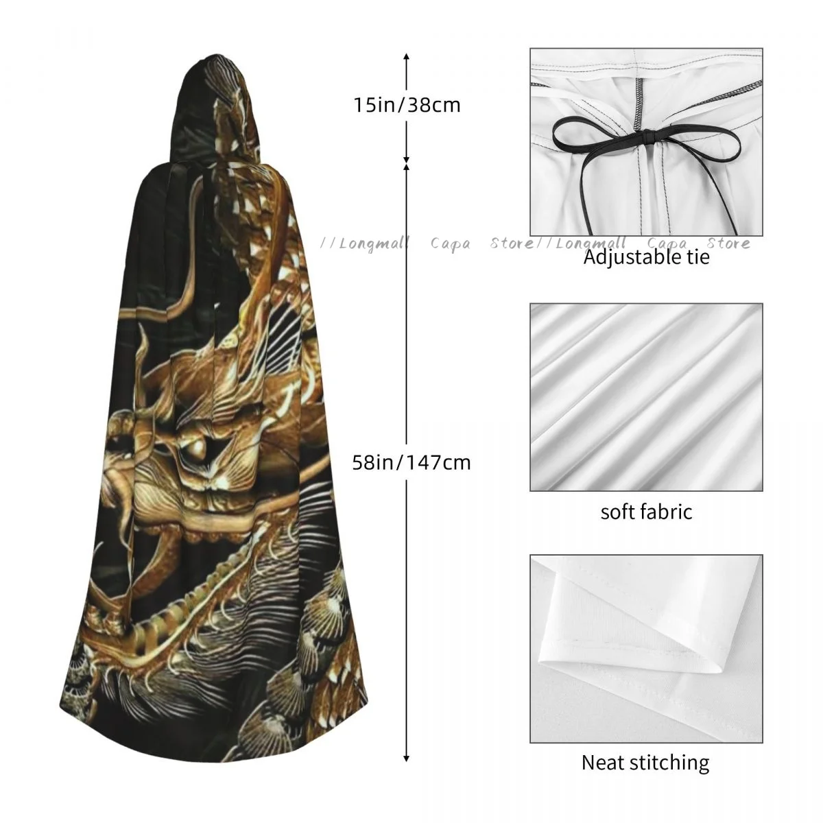 Накидка с капюшоном для взрослых на Хэллоуин принтом Золотой грагон