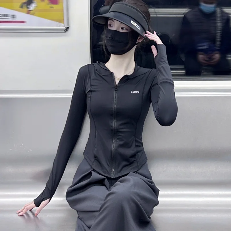 

Outdoor Sun-protective Clothing Female Summer Thin Breathable Original Yarn Type UV-proof Slimming Short Hooded Top