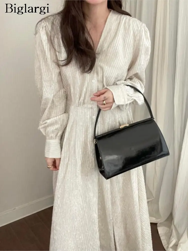 

Autumn Winter V-Neck Long Shirt Dress Women Ruffle Pleated Fashion Korean Loose Ladies Dresses Long Sleeve Woman Dress 2023