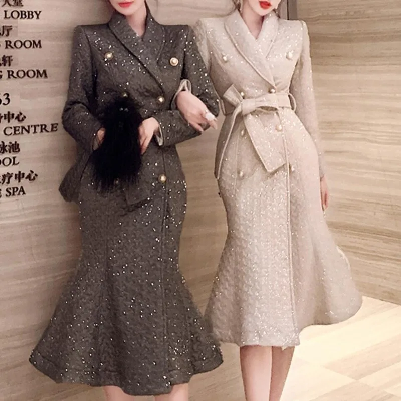 2023 Autumn and Winter Women New Lapel Cotton Double-breasted Lace-up Jacket Long-sleeved Popular Sequined Mermaid Long Jacket
