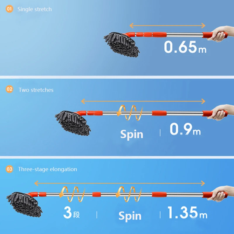 Вращающаяся швабра с двойной щеткой для мытья автомобиля трехсекционная Швабра