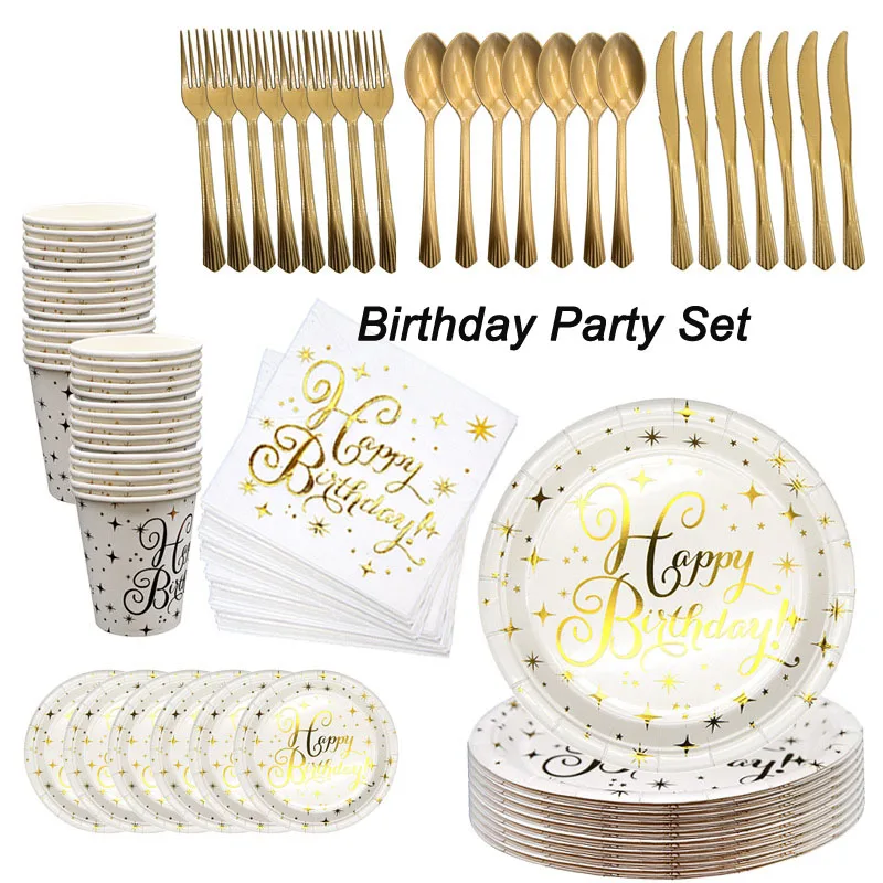

Disposable Paper Plate Cup Cutlery Set Gold Paper Party Wedding Happy Birthday Supplies Gold Star Hot Stamping Plate