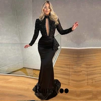 black shiny full sleeves satin sequins trumpet evening dresses high neck party robe de ball stretch made to order