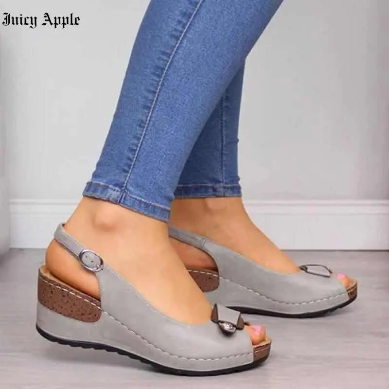 

Juicy Apple Heels Fish Mouth Buckle Sandals Beach Shoes For Women 2022 Summer Plus Size Fashion Women's Shoes Wedge High Heel