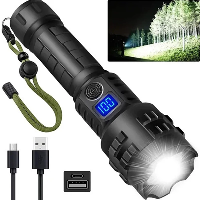 

C2 XHP90 LED Flashlight Zoom Camping Fishing Torch High Power Waterproof Lantern USB Rechargeable 26650 Lights with Tail Hammer