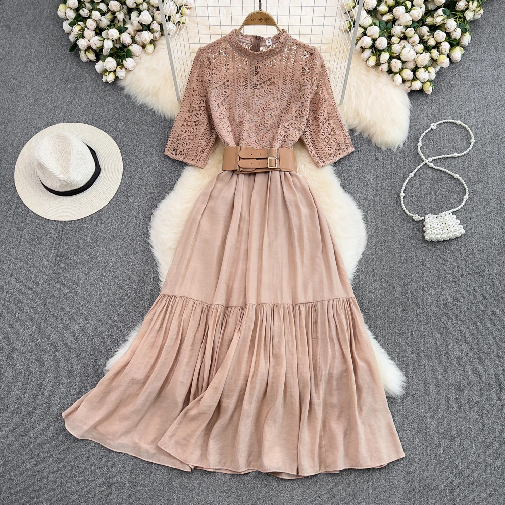 

2022 Summer Elegant Lapel Lace Patchwork Waist-Slimming Dress woman dress