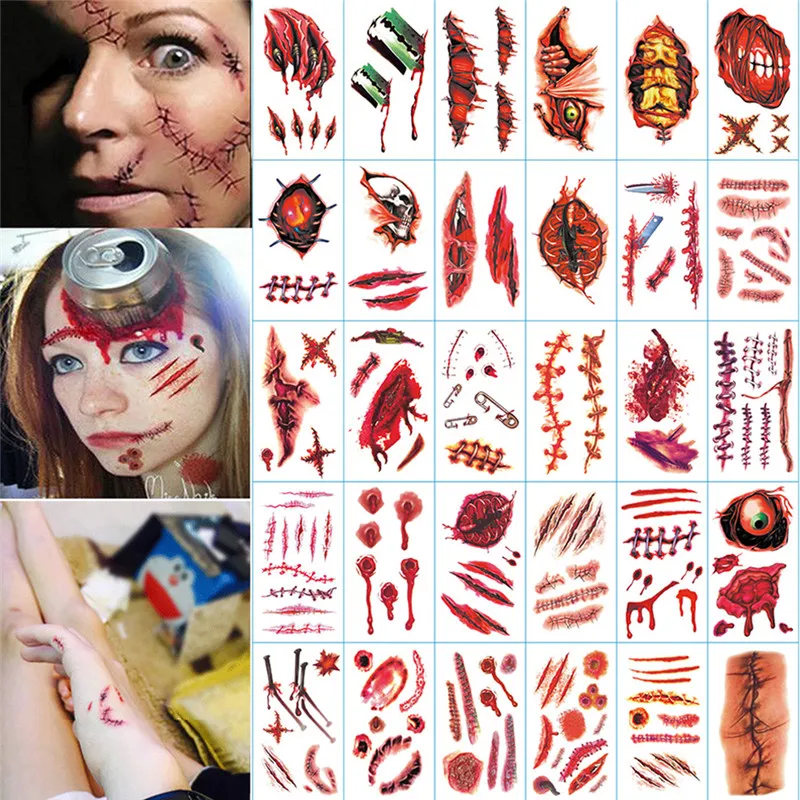 

30 PCS Halloween waterproof temporary tattoos for lady women 3d reality vampire blood scar design tattoo stickers