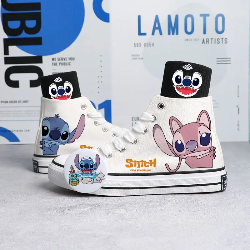 Disney New Real Photos Star Baby Stitch Hand-painted High-top Canvas Student Casual Large Children's Shoes Non-slip Sports Shoes