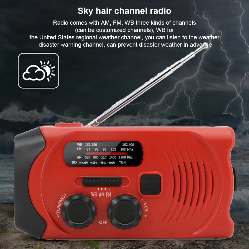 radio receiver hand crank emergency survival led flashlight power bank camping backpacking phone charger orange free global shipping