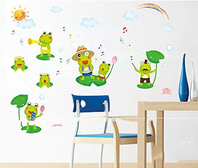 Cartoon Happy Frog Wall Sticker for Kids Room Children's Bedroom Home Decoration Mural Animals Nursery Decor Stickers Wallpaper