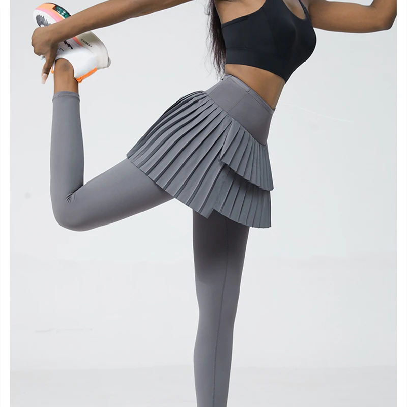 High Waist Double Layer Pleated Skirt Legging Nylon Elasticity Gymwear Fitness Run Yoga Skort Sports Golf Tennis Skirts + Pants