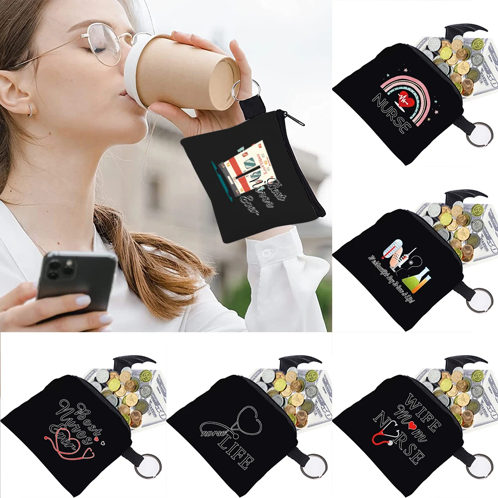 

2022 Women's Bag Coin Purse Cartoon Nurse Print Pattern Series Key Storage Bag Small Object Ring Buckle Zipper Black Canvas Mini