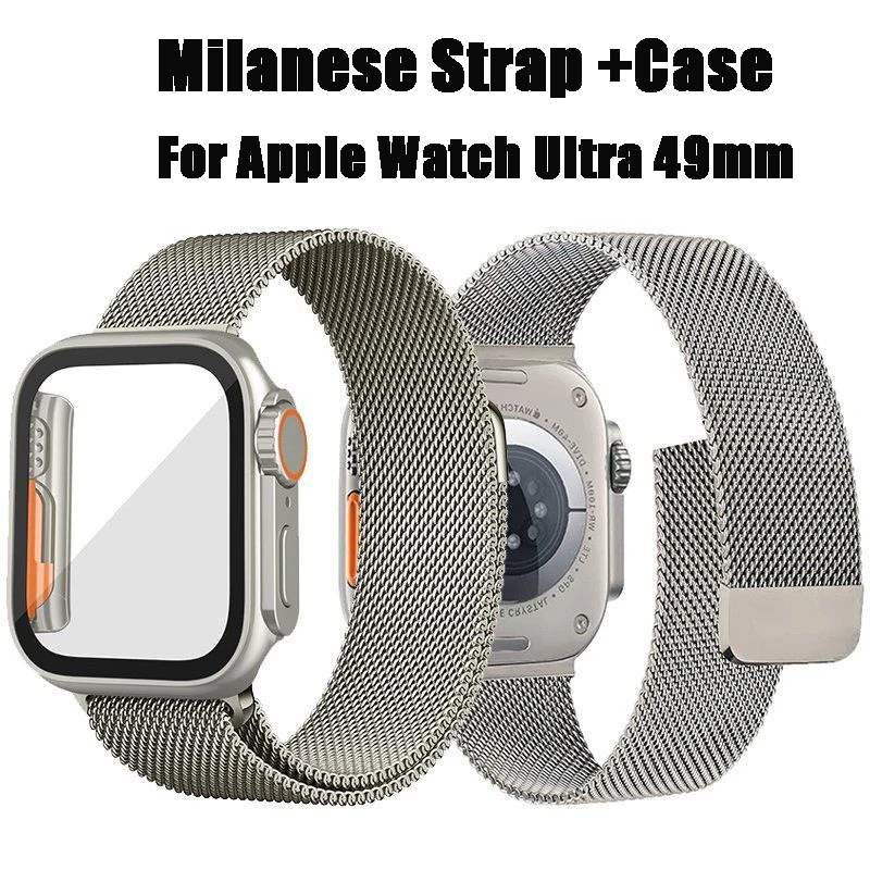 

New Watchcase with Strap For Apple Watch Ultra 49mm,Milanese Watchband+Titanium color Watchcase For Apple Watch 49mm Iwatch 8
