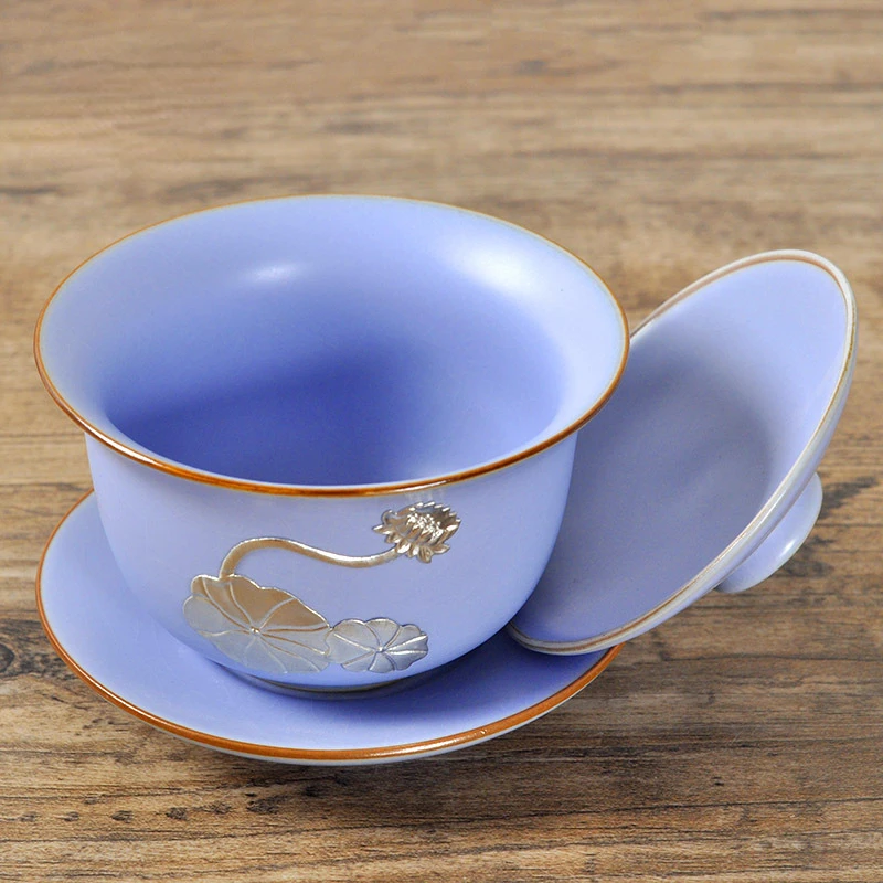 

Purple Household Covered Bowl Tea Cup Purple Covered Ceramic Kung Fu Tea Set Household Tea Bowl Large
