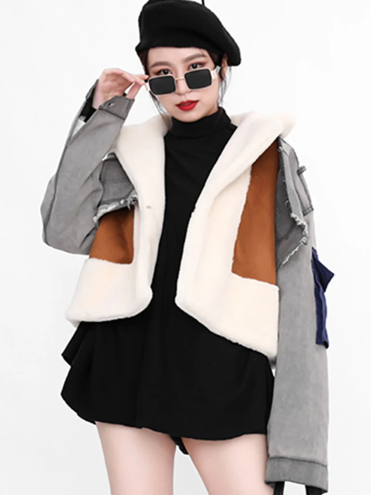DEAT Leisure Full Sleeve Wool Liner Wde Waisted Turn Down Collar Women Slim Patchwork Woolen Coat 2022 Autumn Autumn New TD659