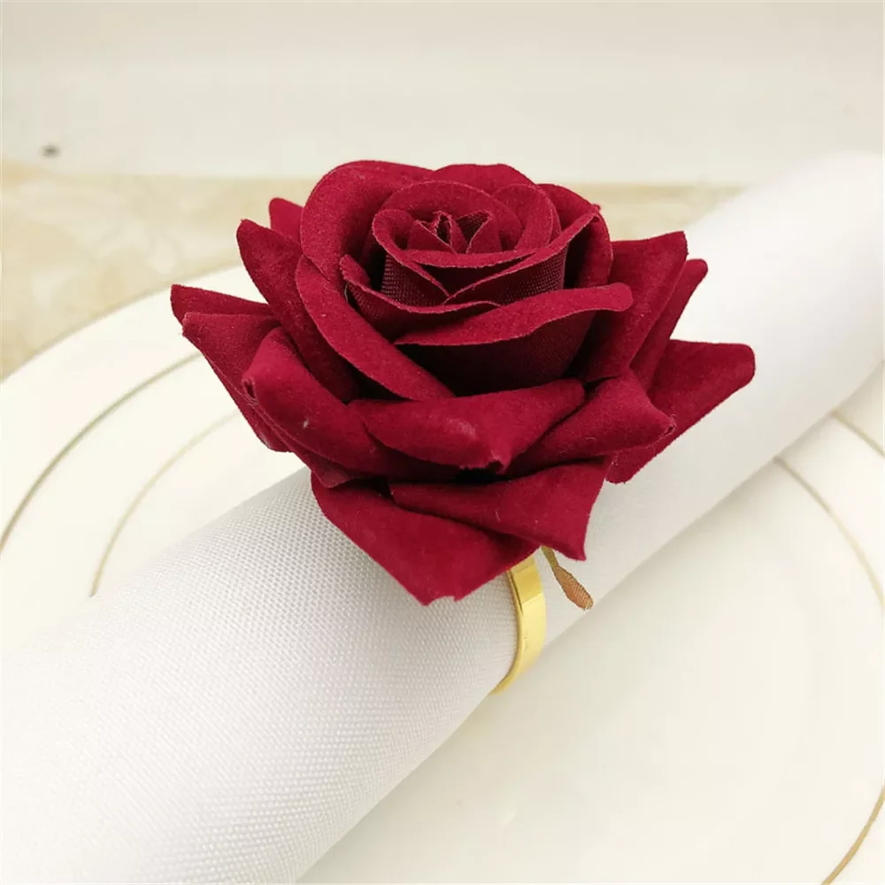 

Red Rose Shape Towel Buckle Napkin Ring Wedding Party Valentine's Day Hotel Table Decor Metal Gold Napkin Holder
