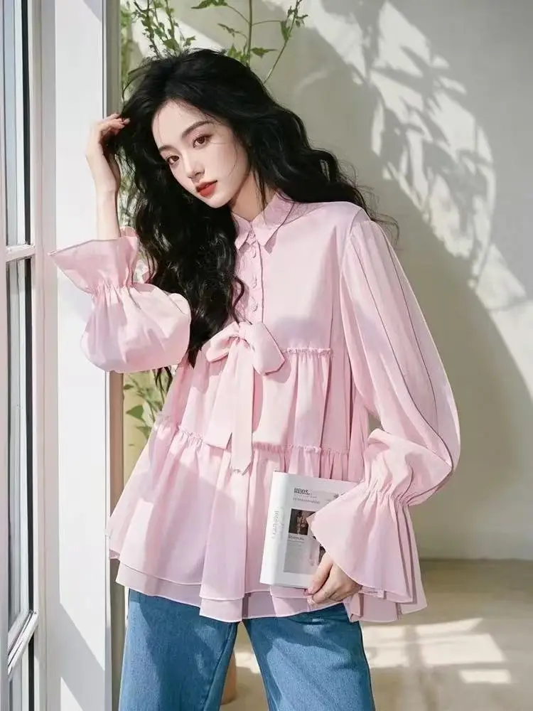 Розовые высококачественные шифоновые рубашки с длинными рукавами и бантом на