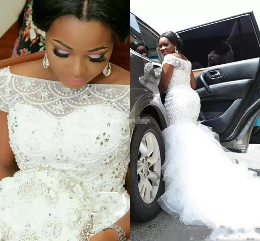 

Arabic Nigerian Plus Size Wedding Dress Beading Tiered Short Sleeves Long Chapel Train Mermaid Bridal Gowns Custom Wedding Party