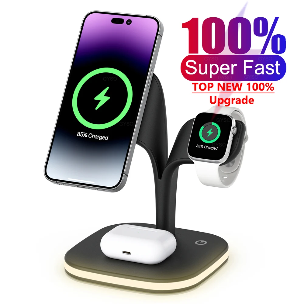 

100% Magnetic Wireless Charger Stand For iPhone 15 14 13 12 Pro Max Apple Watch 8 7 Airpods Induction Fast Charging Dock Station