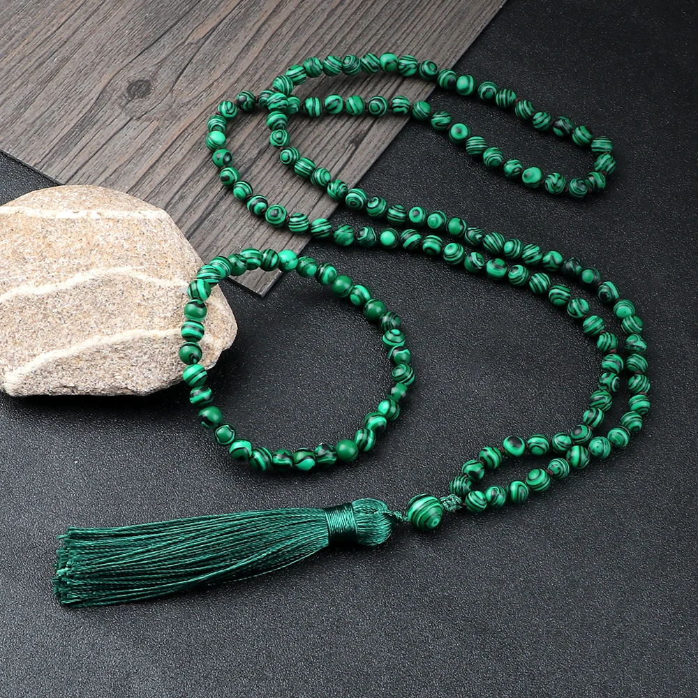 

108 Mala Beads Bracelet&Necklace 6MM Malachite Stone Tassel Pendant Bangles Prayer Healing Meditation Jewelry Gift for Friend