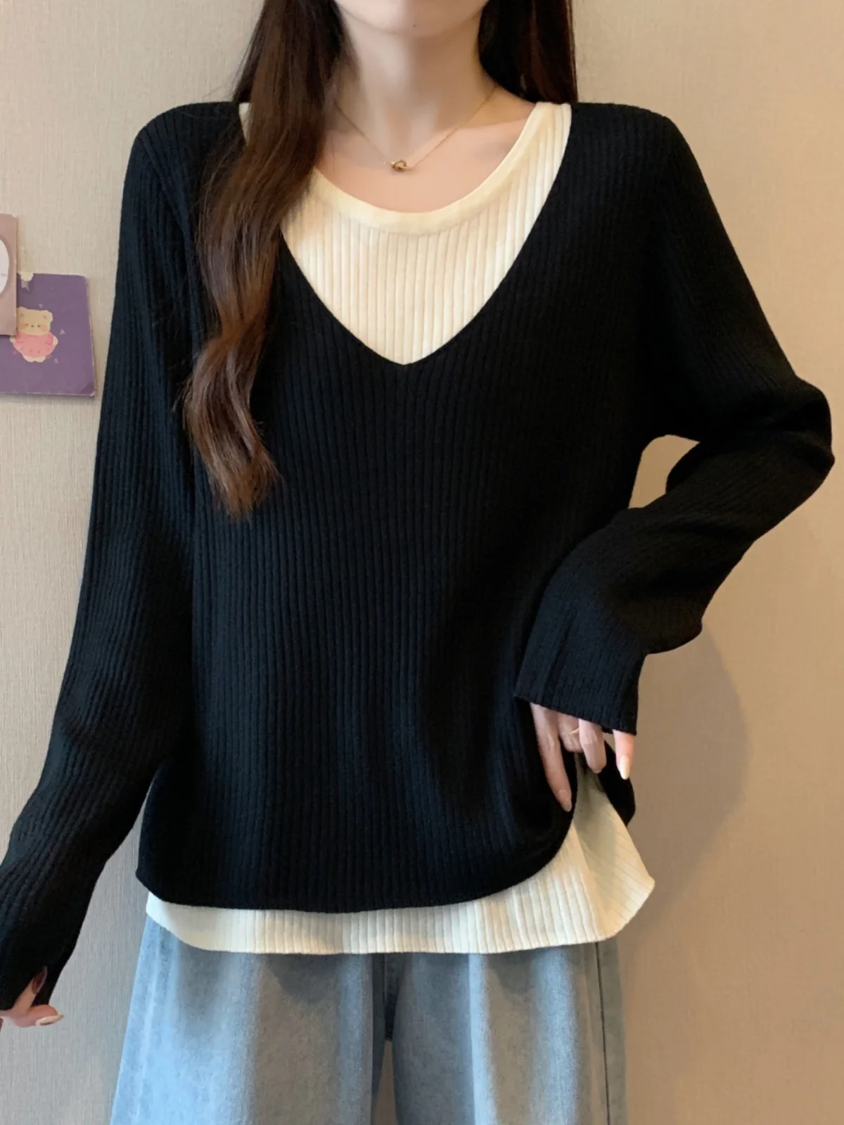 Женская одежда больших размеров Maillard Coffee Color Fake Two Pieces V-образный вырез с длинными