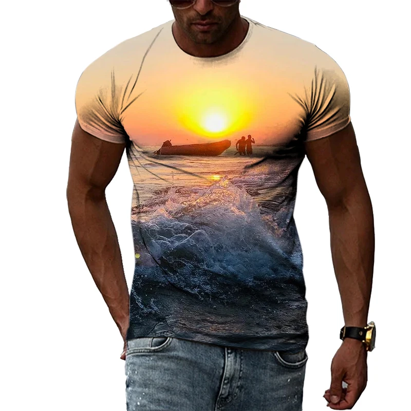 

Summer Men's Seaside Landscape Print T-shirt, 3D Casual Print Graphic Landscape T-shirt, Interesting, Personalized, Trendy Short