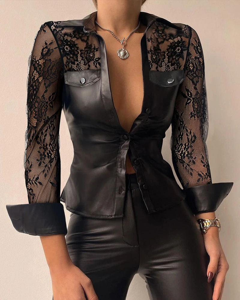 Ladies lace stitching long-sleeved PU leather patchwork single-breasted shirt slim-fit corset shirt collar gothic retro top