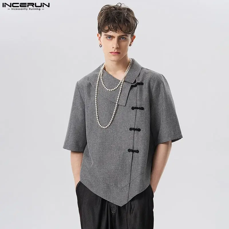 

INCERUN Tops 2023 Handsome New Men Half Sleeved Diagonal Placket Button Up Shirts Casual Streetwear Male Solid All-match Blouse