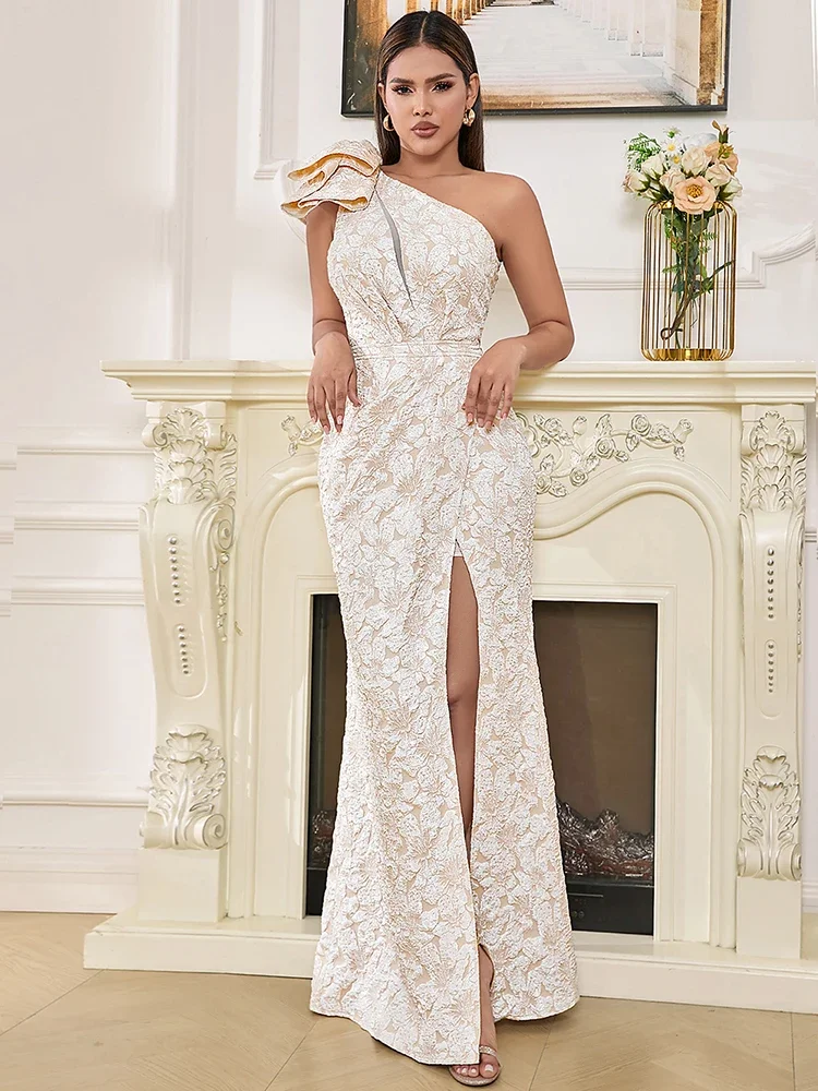 Женское жаккардовое платье макси с одним открытым плечом и цветочным принтом