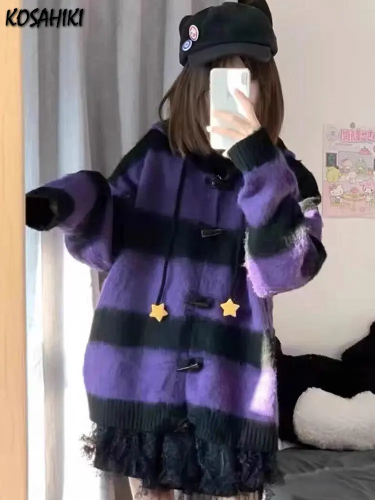 Женский винтажный Кардиган со звездами Y2k полосатый мохеровый свитер с капюшоном