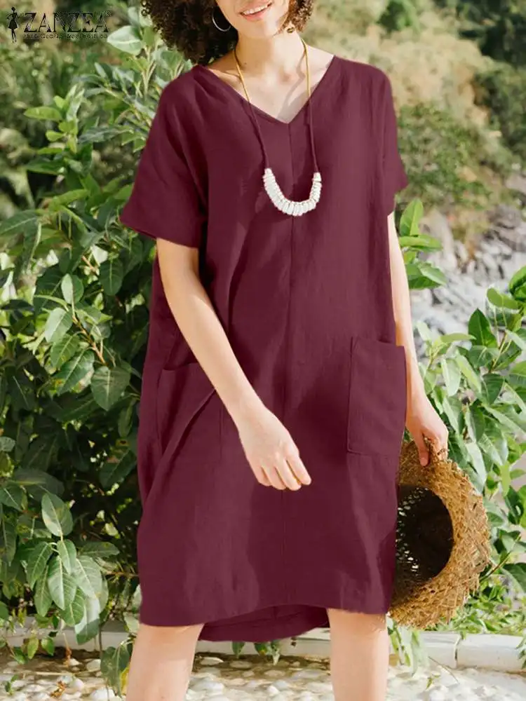 

Fashion Summer Dress For Women Cotton Short Sleeve V-Neck Dresses Patch Pocket Loose Vestidos ZANZEA Holiday Causal Sundress