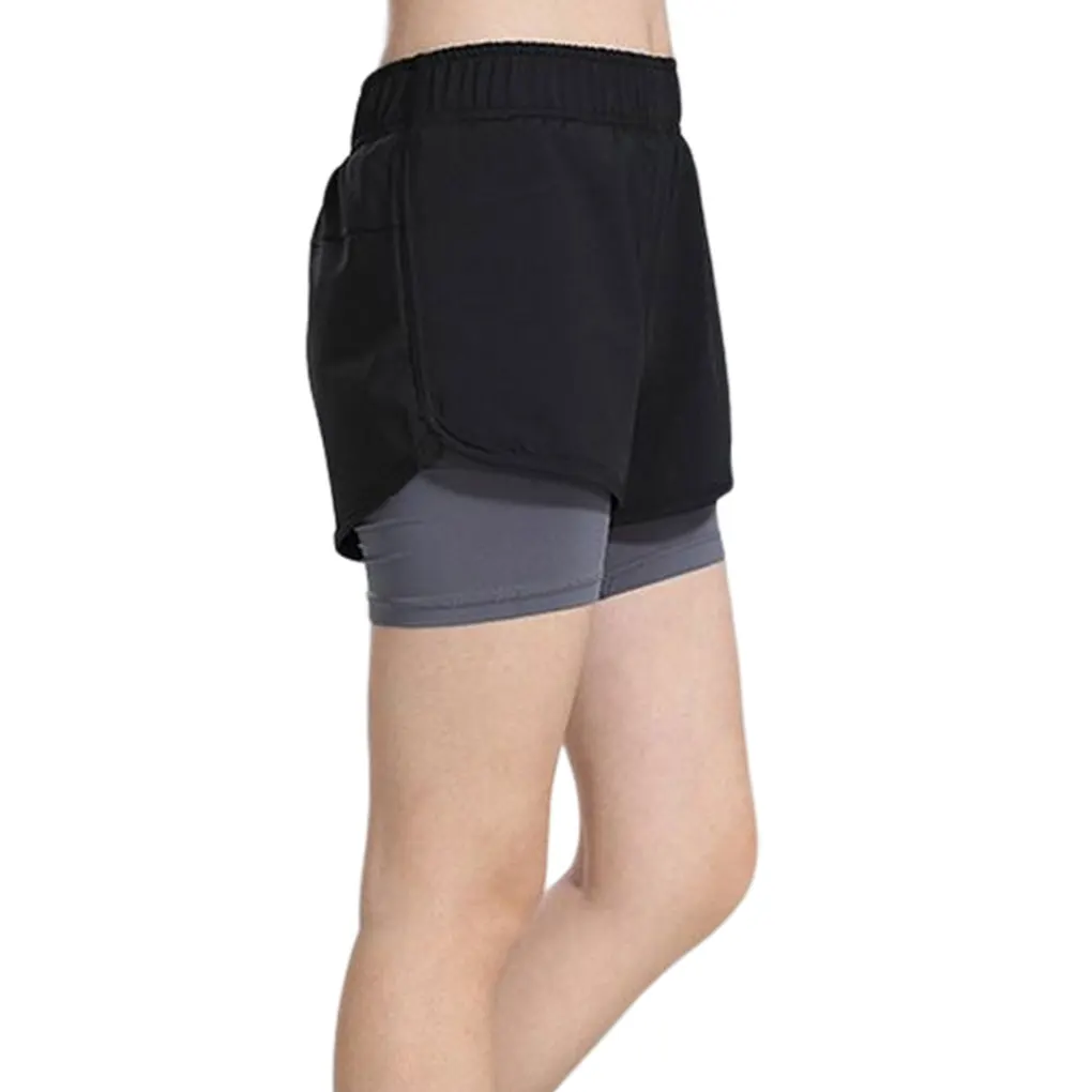 

Женские шорты для йоги, фитнеса, летние короткие леггинсы для бега, тренировочные колготки, спортивные эластичные дышащие имитация двух предметов