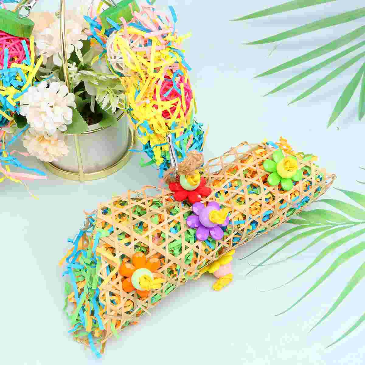 

3 Bird Shredder Toys Small Parrot Chewing Toys Parrot Cage Foraging Hanging with Wooden Rattan Balls Bells for Parakeets