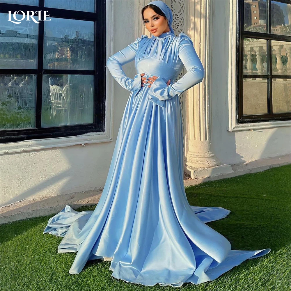 

LORIE Muslim Satin Formal Evening Dresses High Neck A-Line Flare Sleeves Pleats Prom Dress For Wedding Solid Women Party Gowns