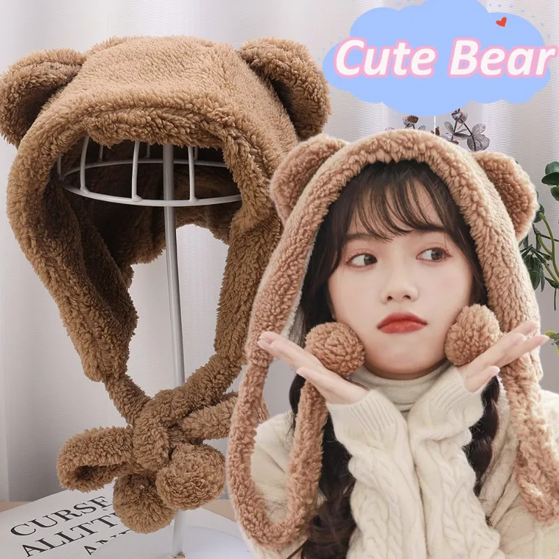

New Autumn Winter Cute Bear Ear Beanie Hat Thicken Thermal Knitted Hats Fluffy Fuzzy Scarf Caps Outdooor Windproof Beanies Cap