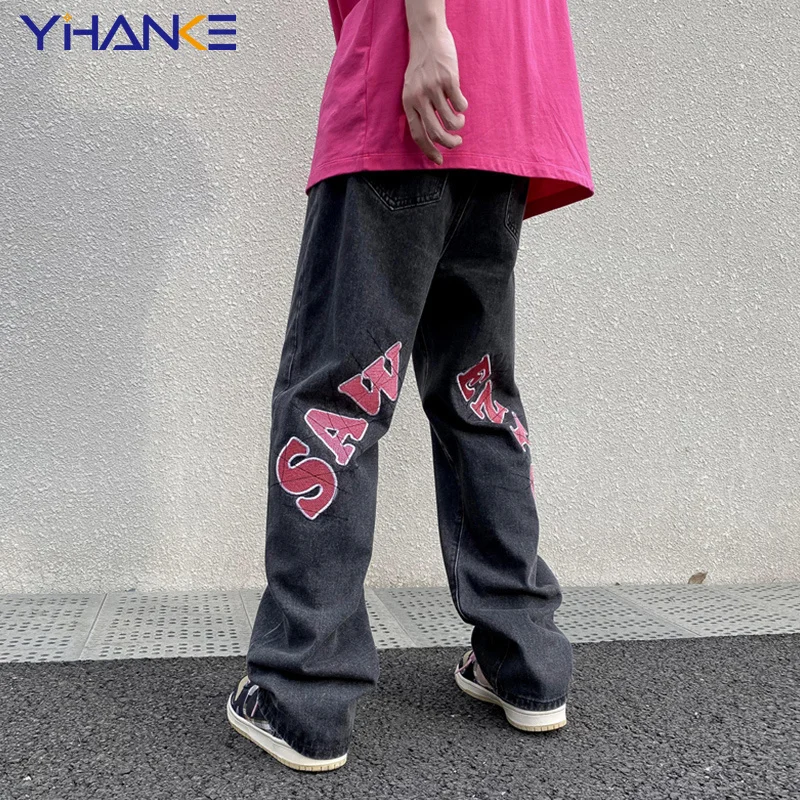 

YIHANKE High Street Letter Printed Jeans Men's Summer Thin Hiphop Fried Street Vibe Straight Tube Loose Pants Streetwear Hiphop