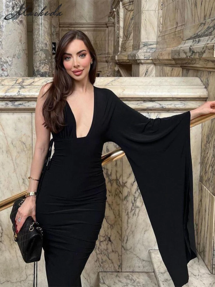 

Macheda Elegant One Shoulder Party Black Dress Women Summer Sexy Backless Asymmetrical Ruched Evening Prom Robe Maxi Dresses