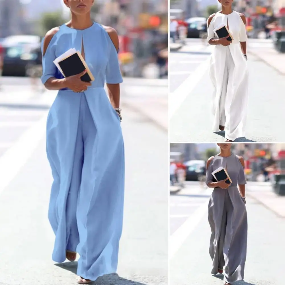 

Crew Neck Slant Pockets Wide Leg Women Jumpsuit Cold Shoulder Half Sleeve Front Hollow Long Jumpsuit Ladies Clothing