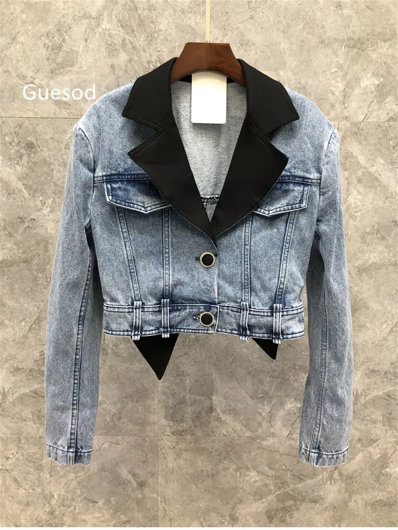 

Женское хлопковое джинсовое пальто Guesod, короткий Блейзер контрастных цветов с бантом, Джинсовая Верхняя одежда, Женская Весенняя дизайнерс...