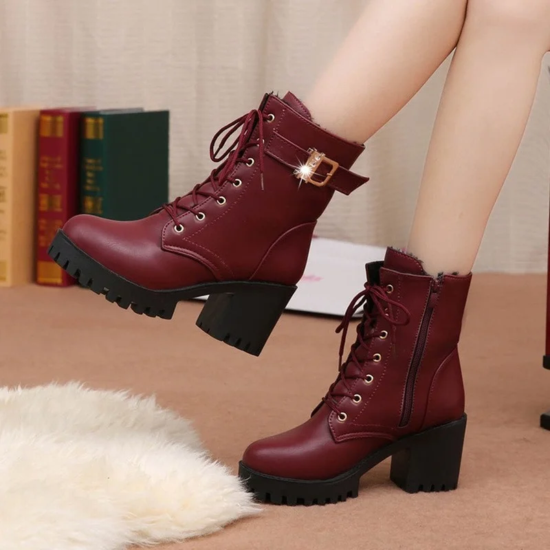 

Women Boots Lace Up Flat Biker Red Boots Shoes Buckle Woman boots for women high heels boots high heels