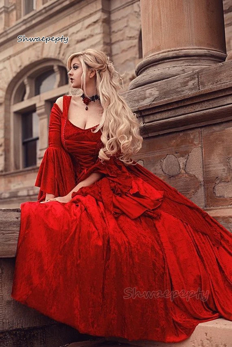 

Victorian Corset Prom Dresses Straps Off The Shoulder Flare Long Sleeve Red Velvet And Lace Evening Gowns Special Occasion Party
