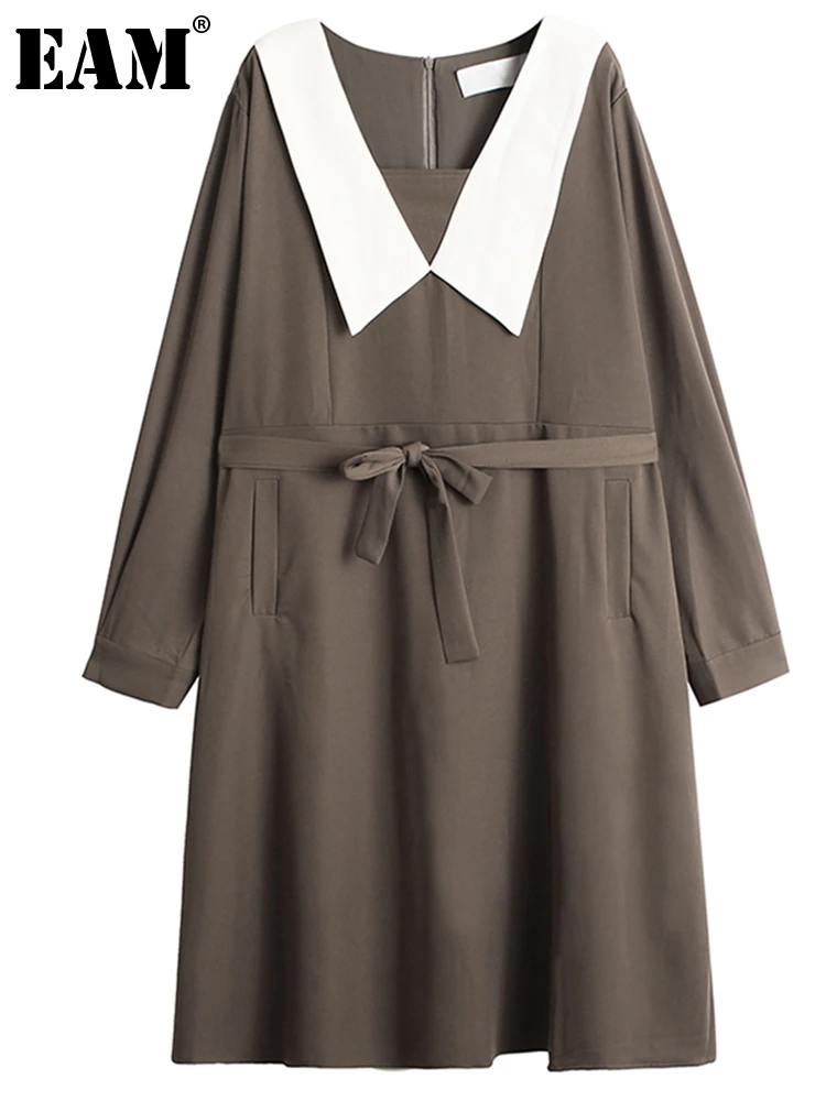 

[EAM] Women Brown Vintage Big Size Long Dress New Peter Pan Collar Long Sleeve Loose Fit Fashion Tide Spring Autumn 2022 1DE4625