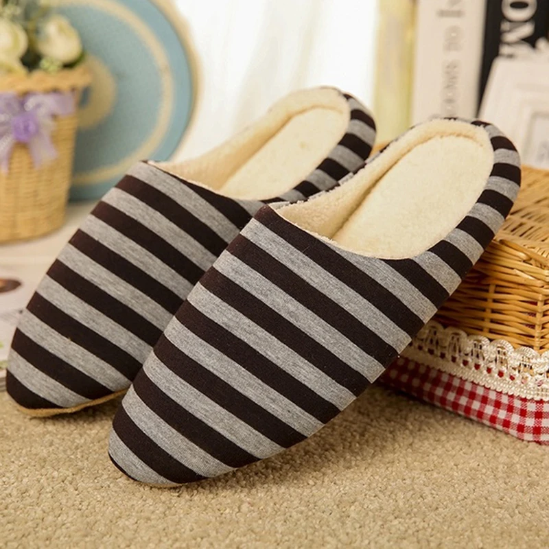 

Women Striped Indoor Slippers Non-Slip Warm Autumn Winter Cotton Floor Slippers Unisex Home Chaussures Shoes1PC