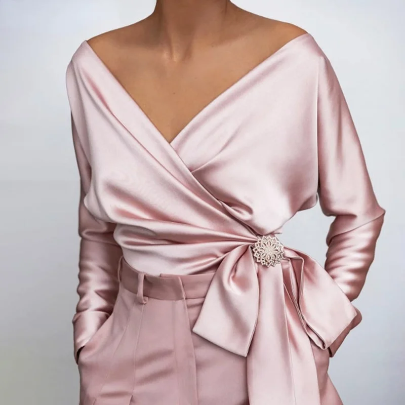 

Женская плиссированная Облегающая рубашка с глубоким V-образным вырезом, осень 2021, элегантная пикантная рубашка с длинным рукавом, серого и ...